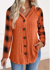 Orange Button Plaid Long Sleeve Hoodie