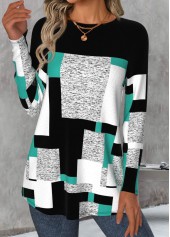 Multi Color Patchwork Geometric Print Long Sleeve T Shirt