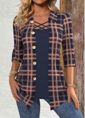 Navy Plaid 3/4 Sleeve Fake Two Piece Twinset