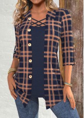 Navy Plaid 3/4 Sleeve Fake Two Piece Twinset | thumb picture 