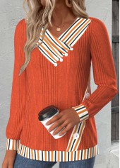 Orange Button Striped Long Sleeve V Neck Sweatshirt