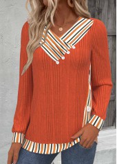 Orange Button Striped Long Sleeve V Neck Sweatshirt | thumb picture 