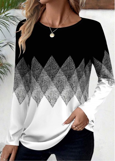 women clothes image of Black Patchwork Geometric Print Long Sleeve T Shirt