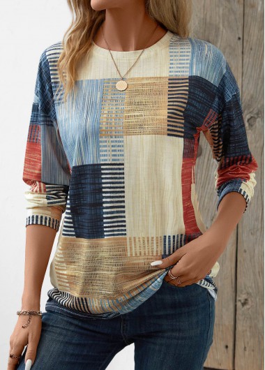 women clothes image of Beige Patchwork Plus Size Geometric Print T Shirt
