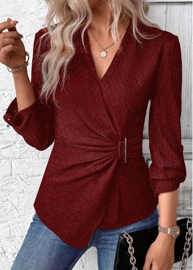 Wine Red Surplice Long Sleeve V Neck Shirt