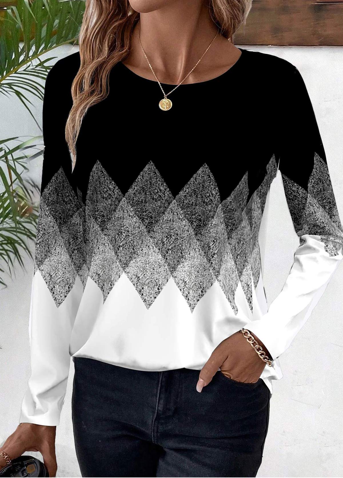 Plus Size Black Patchwork Geometric Print T Shirt | picture 