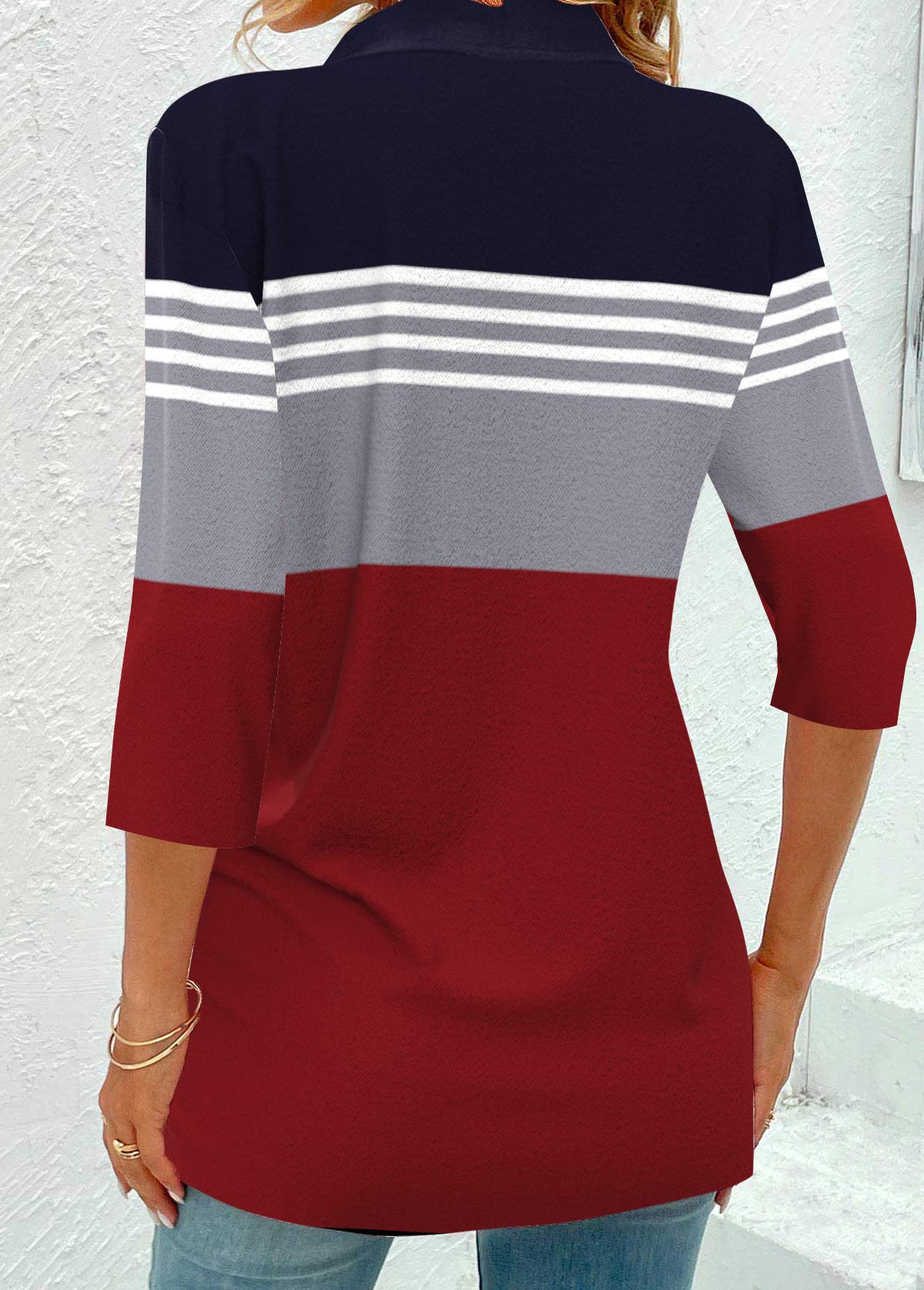 Wine Red Patchwork Plus Size Striped 3/4 Sleeve Blouse | picture 