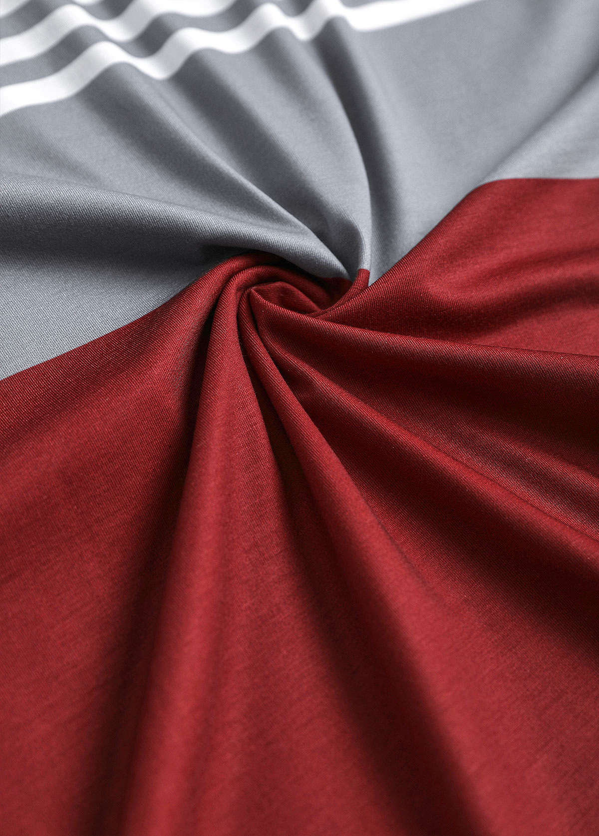 Wine Red Patchwork Plus Size Striped 3/4 Sleeve Blouse | picture 