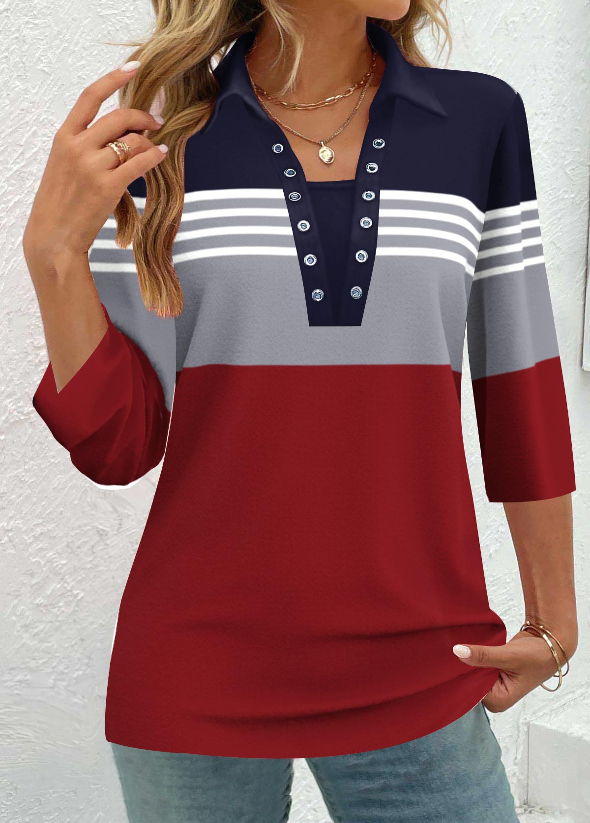 Wine Red Patchwork Plus Size Striped 3/4 Sleeve Blouse | picture 