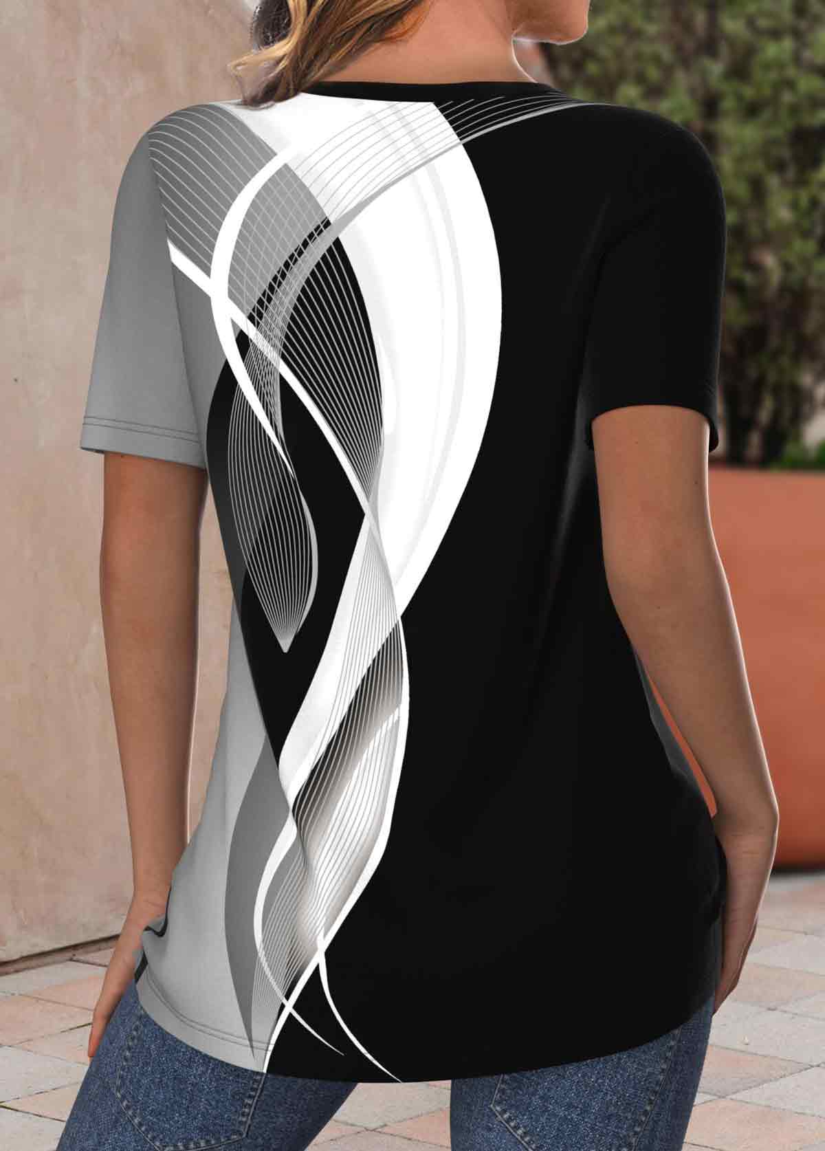 Plus Size Black Criss Cross Geometric Print T Shirt | picture 