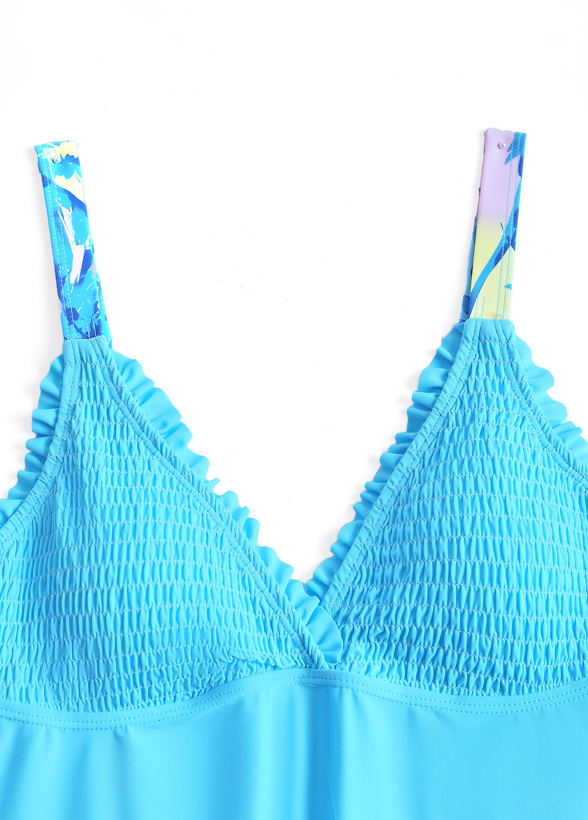 Smocked Tropical Plants Print Cyan Tankini Set | picture 