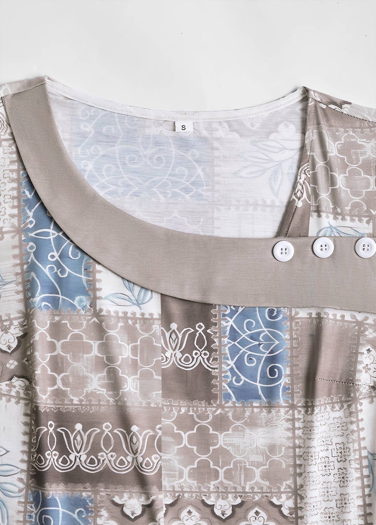 Plus Size Light Coffee Patchwork Geometric Print T Shirt | picture 