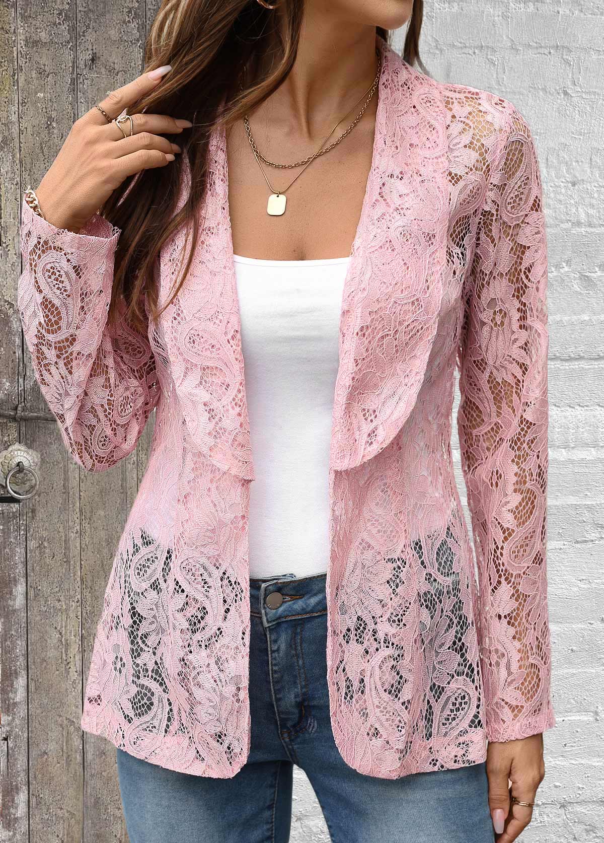 Pink Lace Long Sleeve Lapel Light Cardigan | picture 