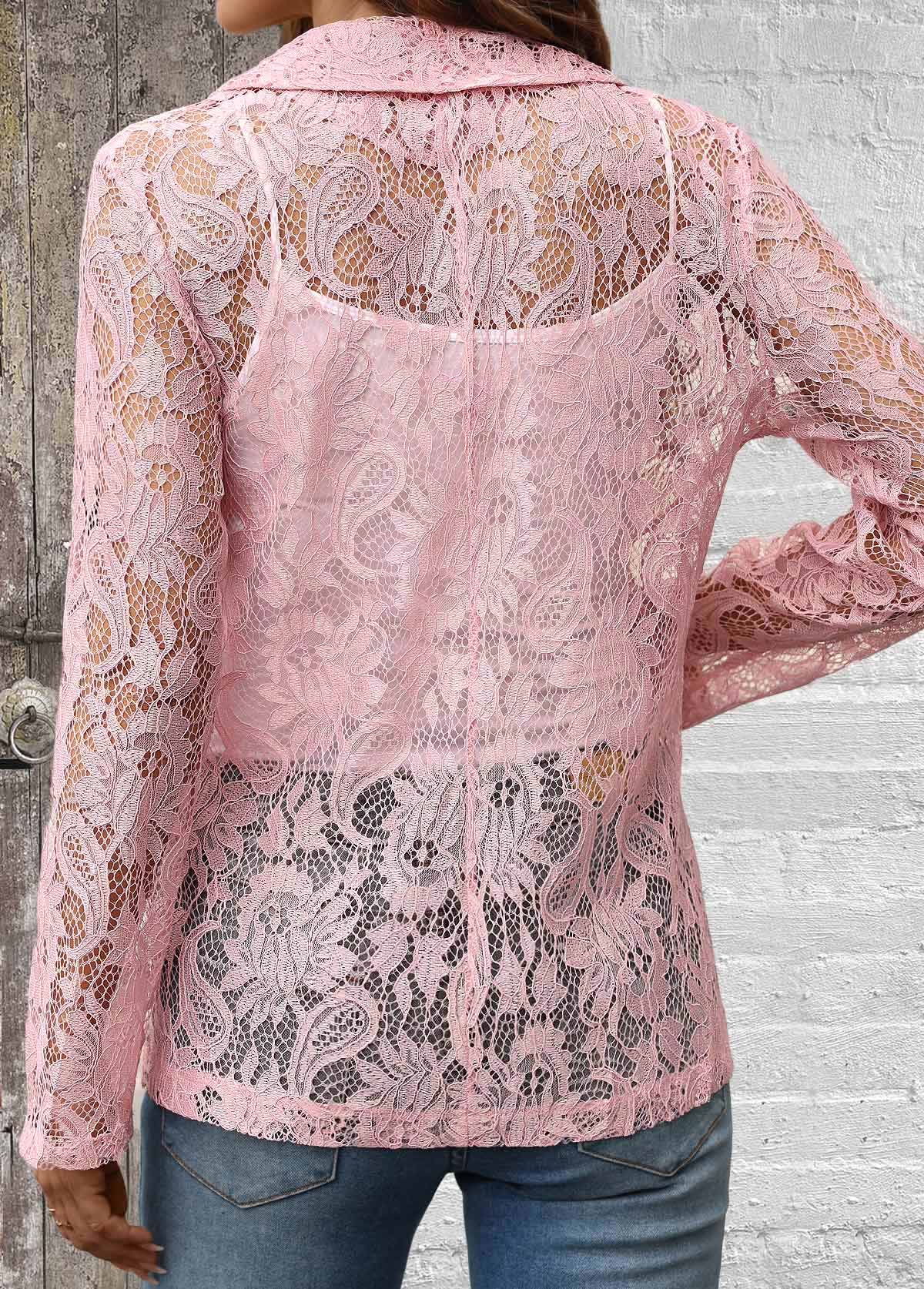 Pink Lace Long Sleeve Lapel Light Cardigan | picture 