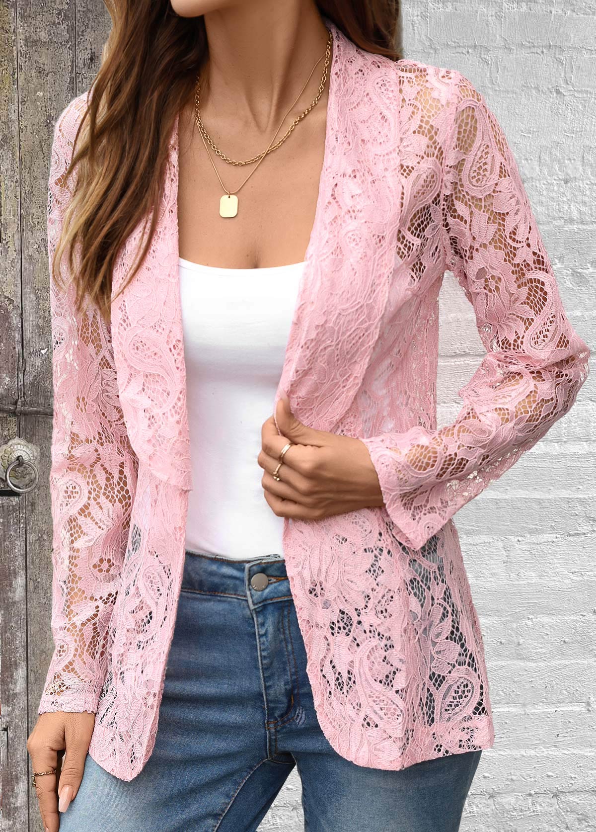 Plus Size Pink Lace Long Sleeve Lapel Light Cardigan | picture 