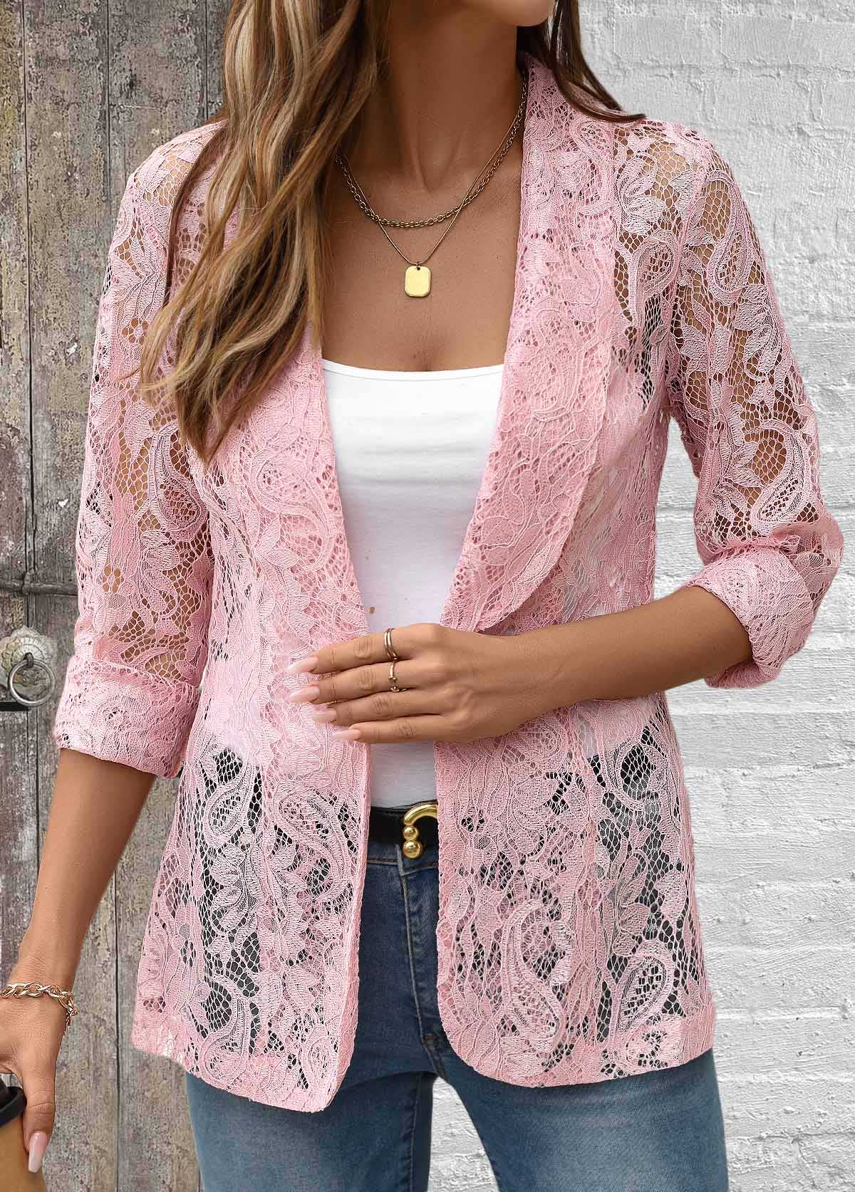 Plus Size Pink Lace Long Sleeve Lapel Light Cardigan | picture 