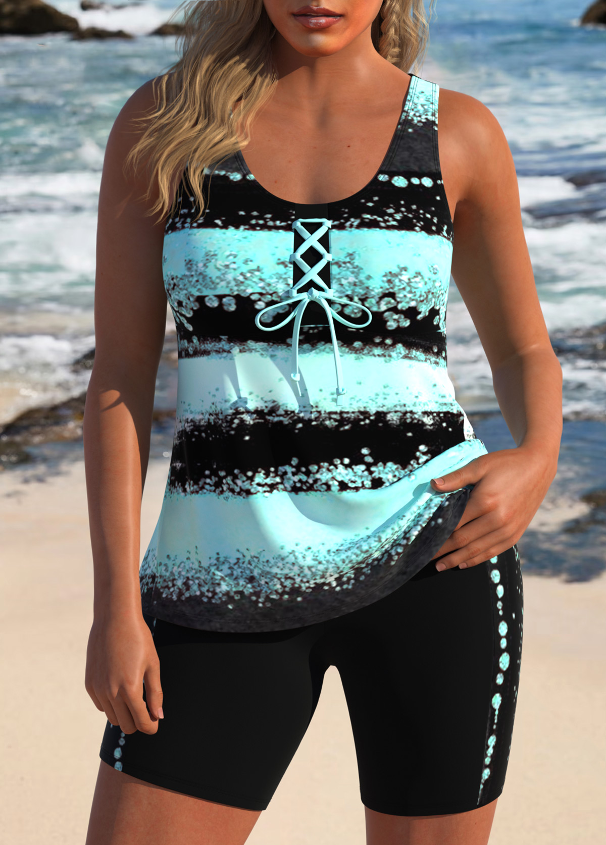 Modlily Lace Up Striped Mint Green Tankini Set  XXL