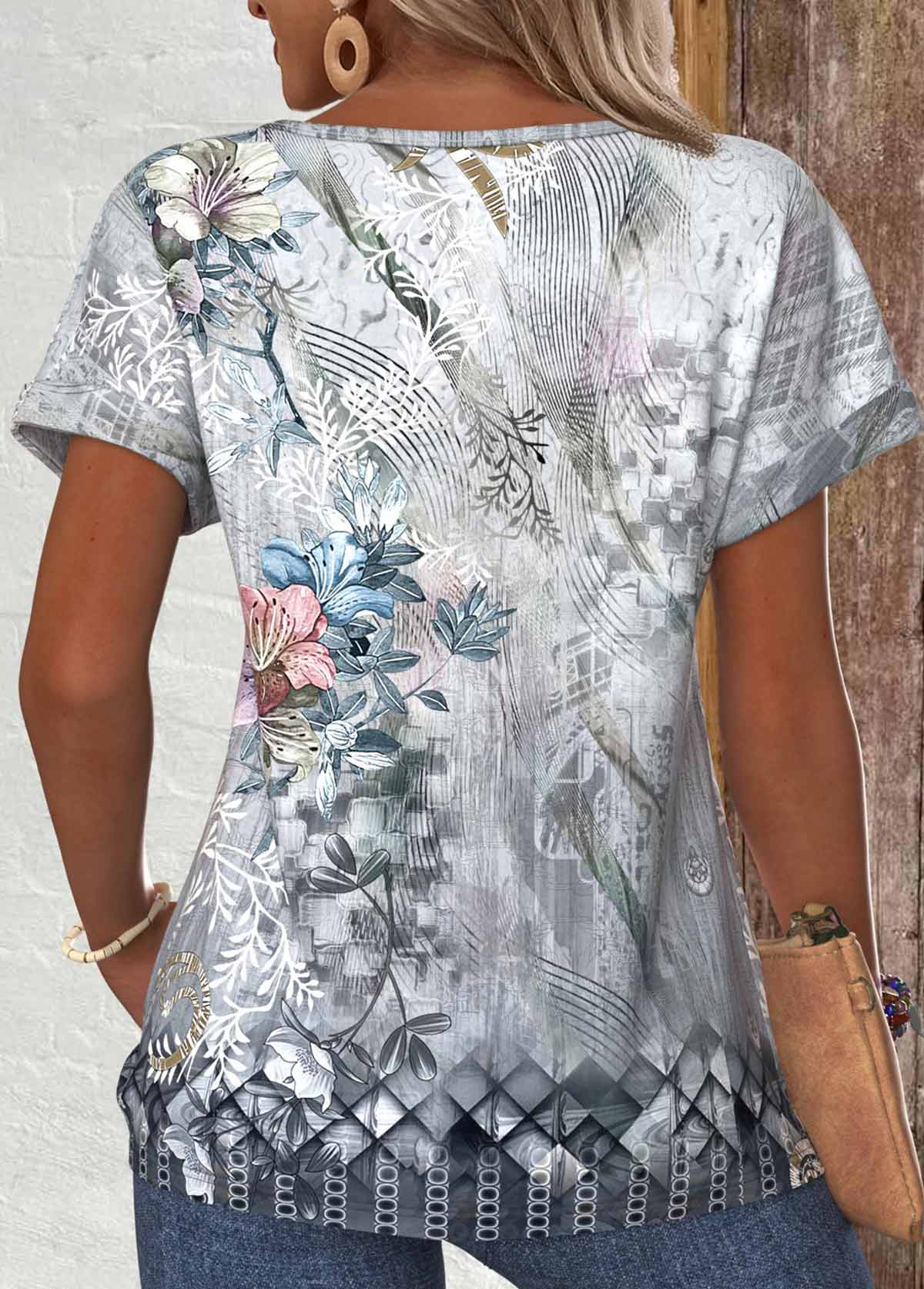 Grey Button Random Floral Print Short Sleeve T Shirt | picture 