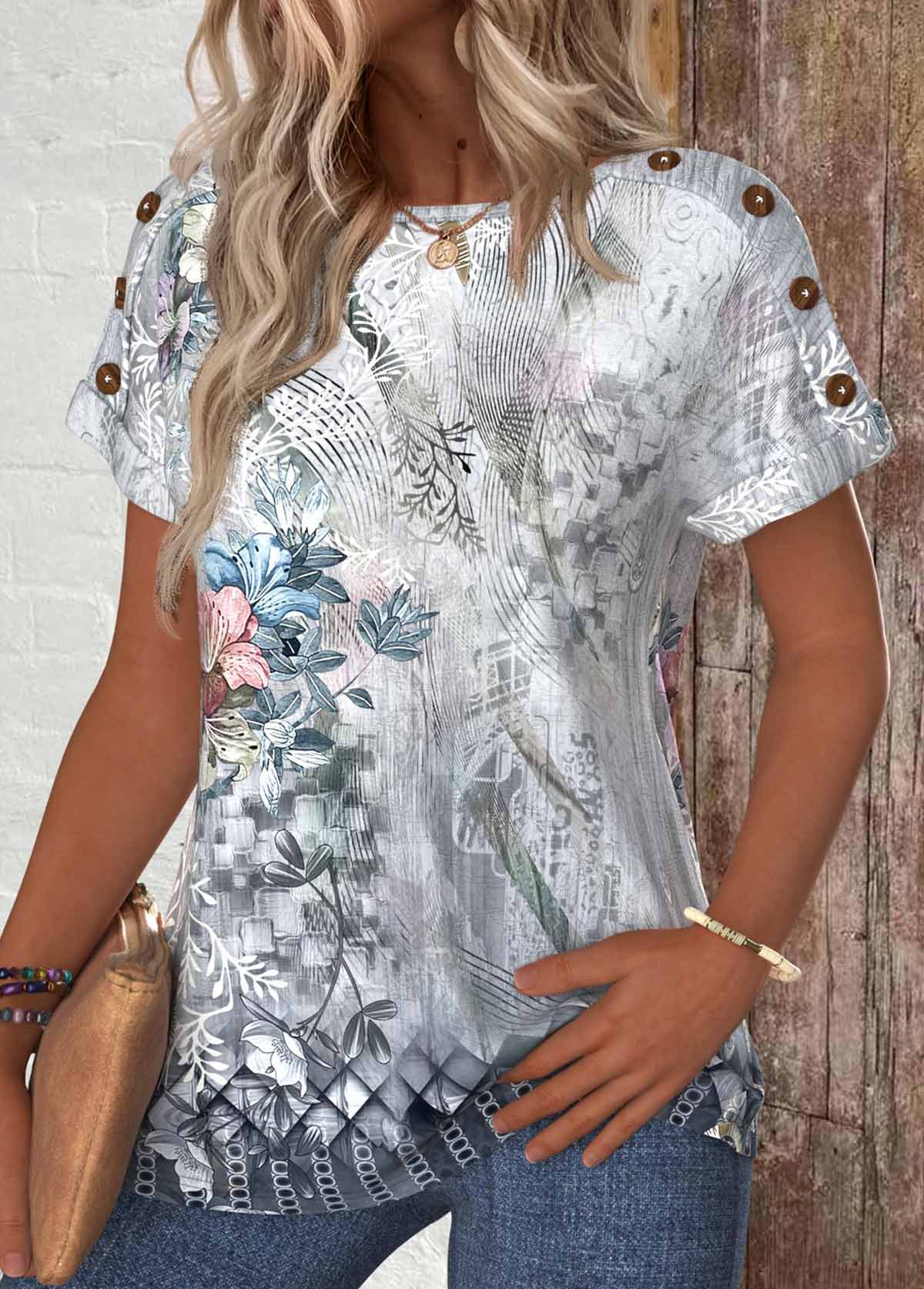 Grey Button Random Floral Print Short Sleeve T Shirt | picture 