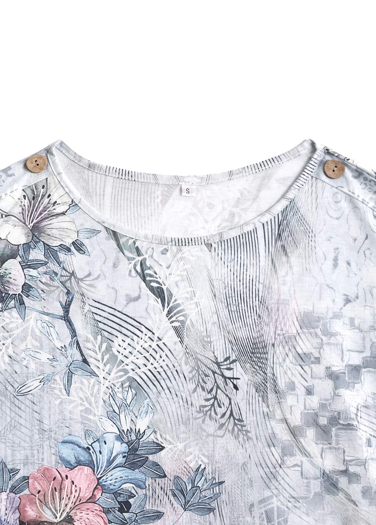 Grey Button Random Floral Print Short Sleeve T Shirt | picture 