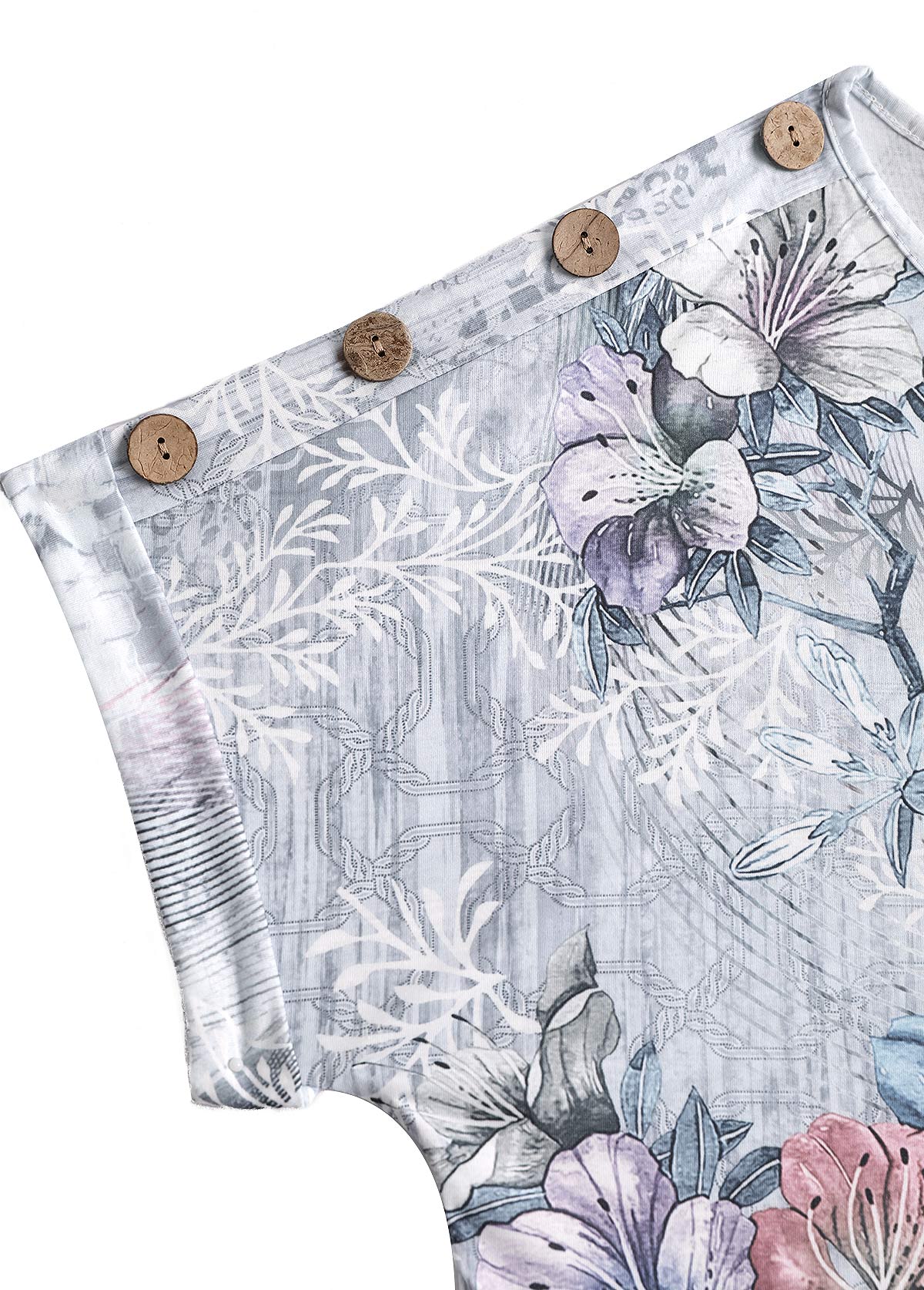 Grey Button Random Floral Print Short Sleeve T Shirt | picture 