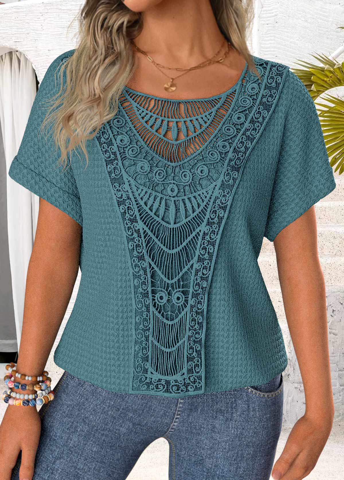 Blue Patchwork Short Sleeve Round Neck T Shirt | picture 