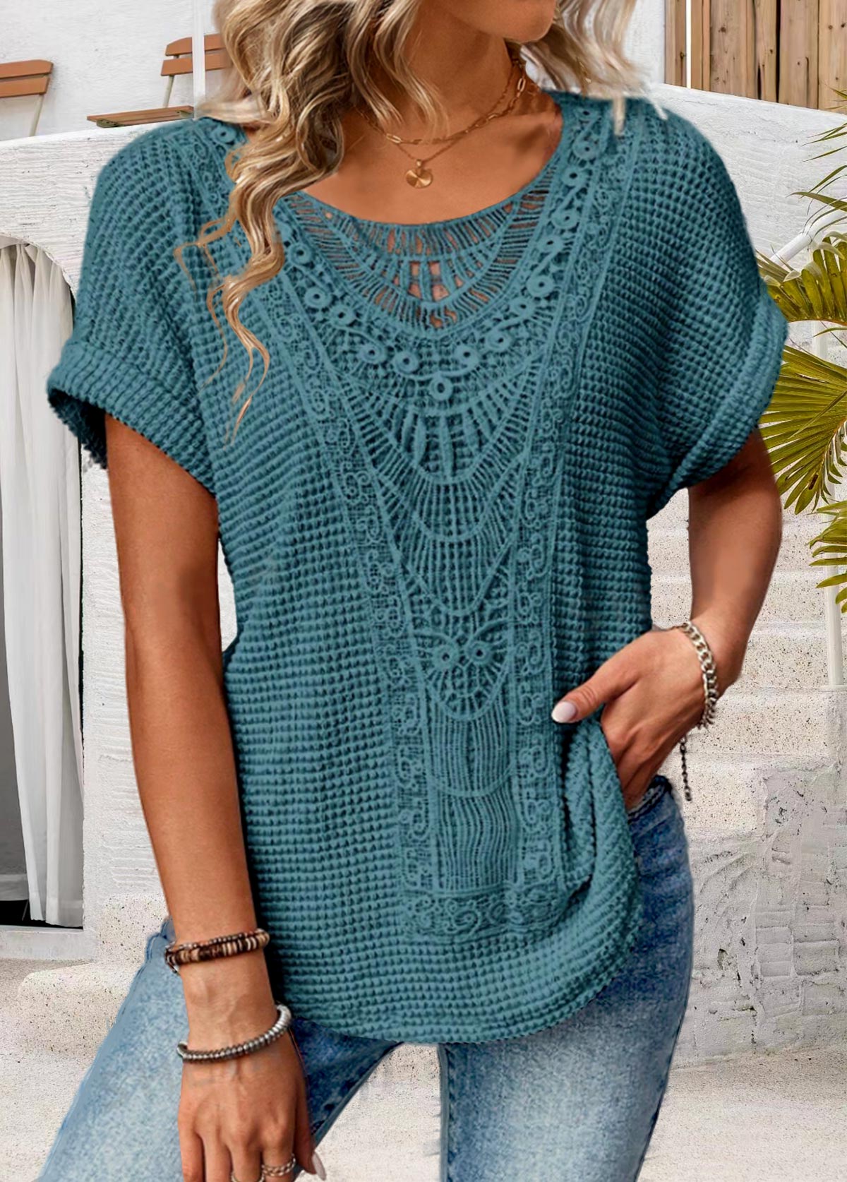 Blue Patchwork Short Sleeve Round Neck T Shirt | picture 