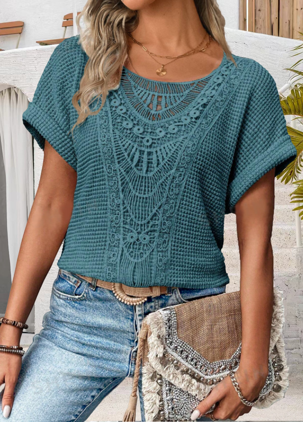 Blue Patchwork Short Sleeve Round Neck T Shirt | picture 