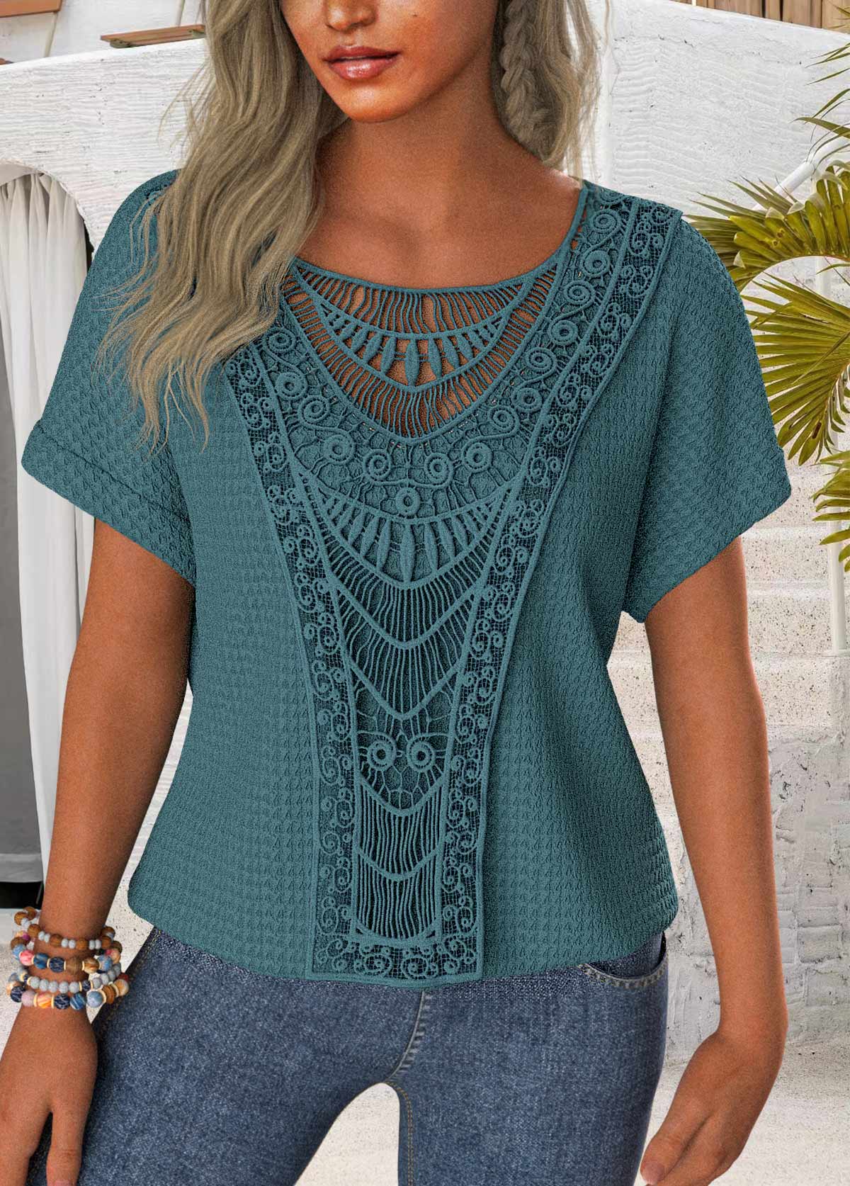 Blue Patchwork Short Sleeve Round Neck T Shirt | picture 