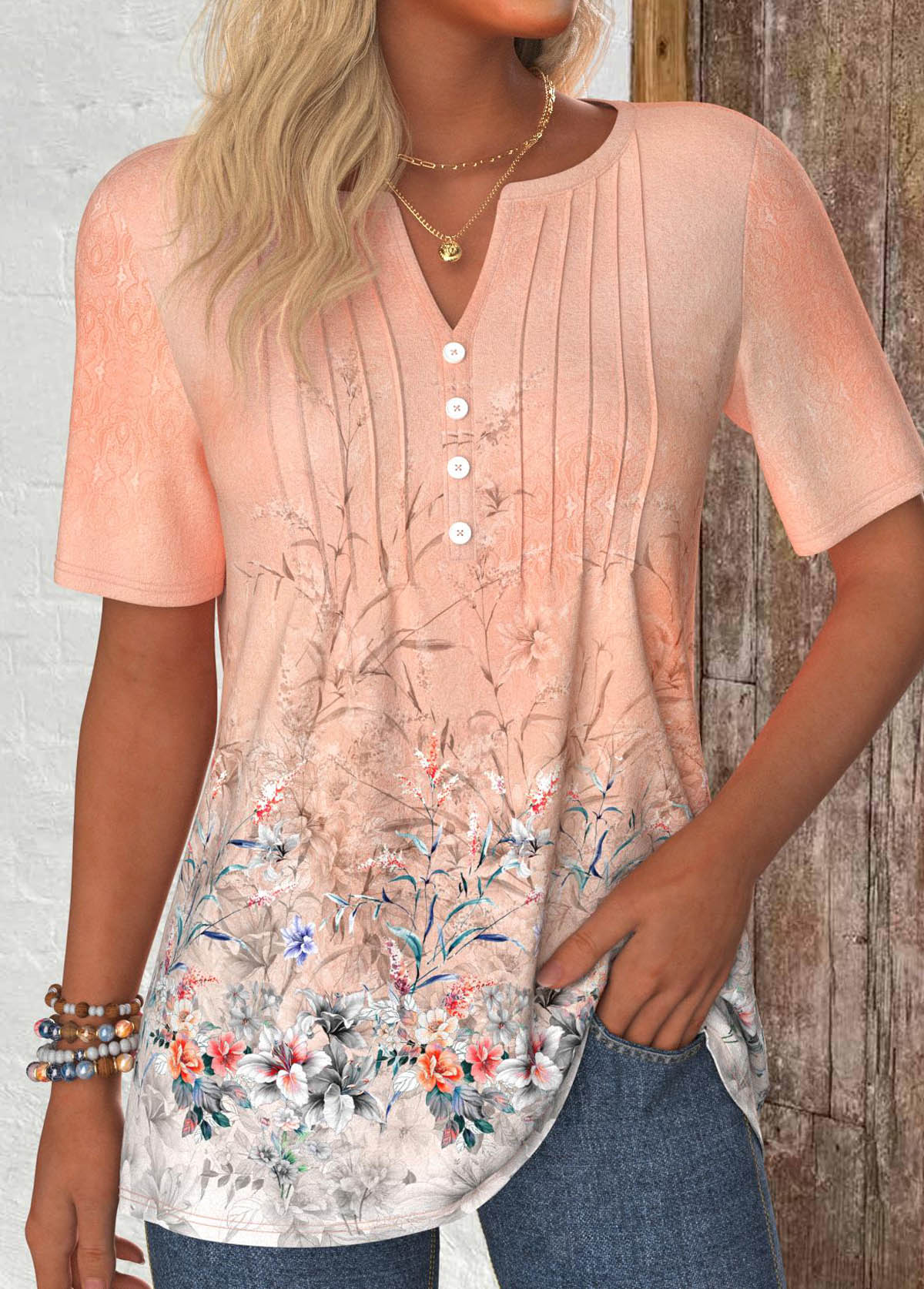 Dusty Pink Button Floral Print Short Sleeve T Shirt | picture 