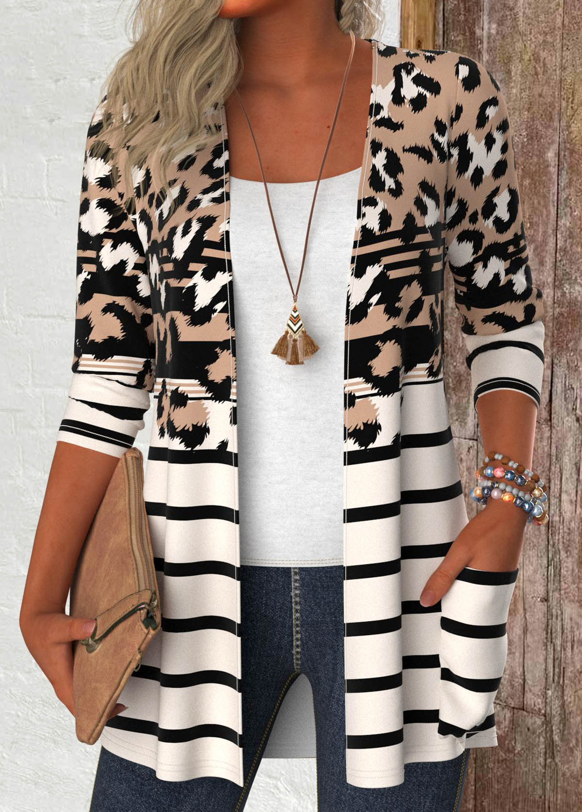 Plus Size Dark Camel Leopard Long Sleeve Light Cardigan | picture 
