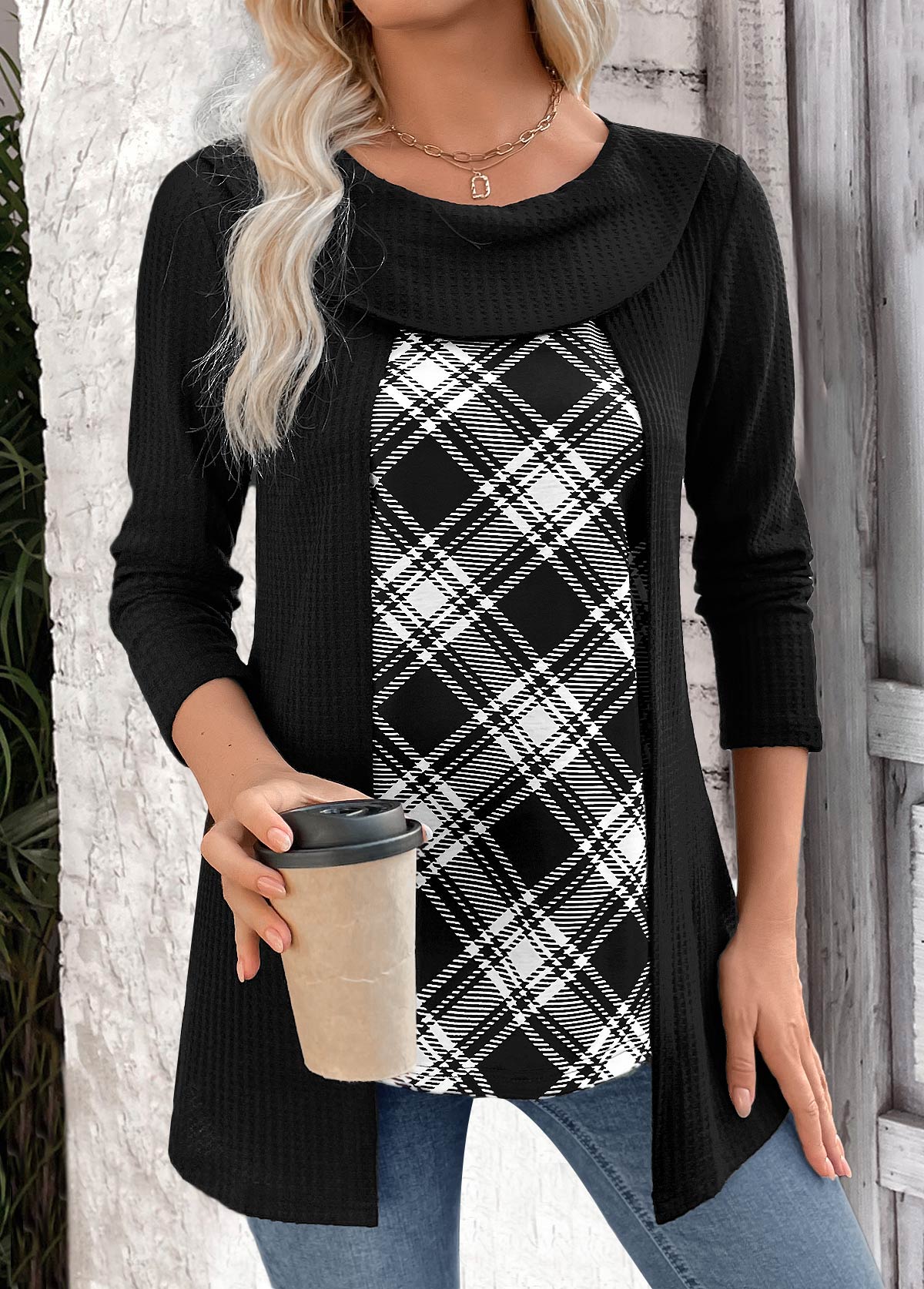 Black Plaid Long Sleeve Fake Two Piece Twinset | picture 