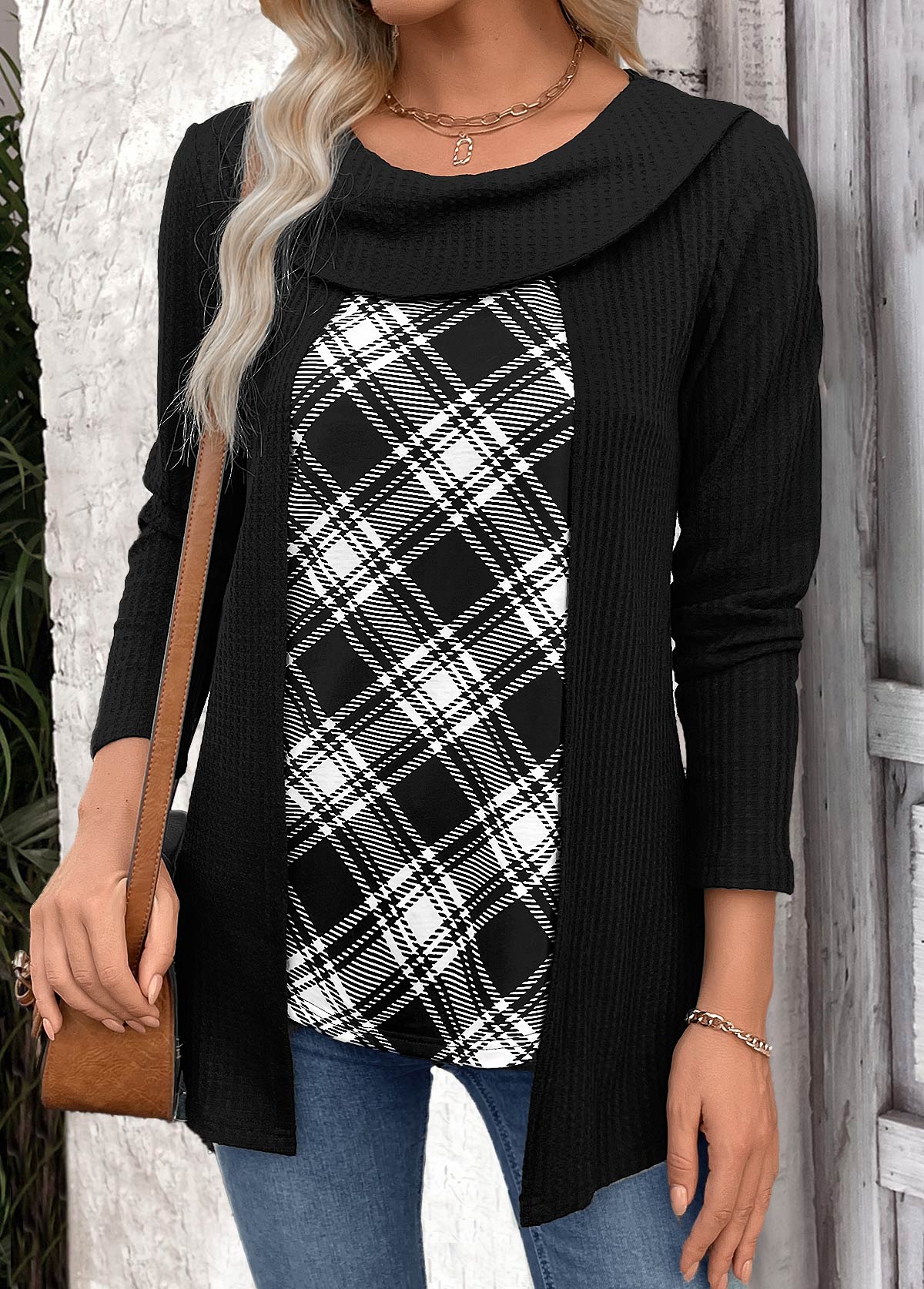 Black Plaid Long Sleeve Fake Two Piece Twinset | picture 
