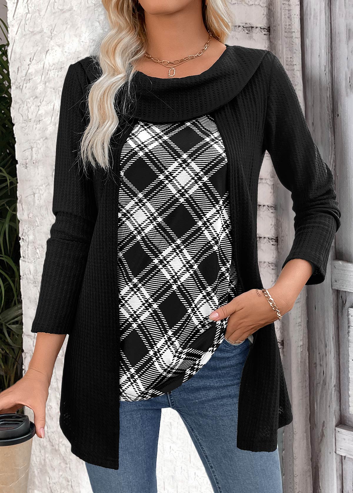 Black Plaid Long Sleeve Fake Two Piece Twinset | picture 