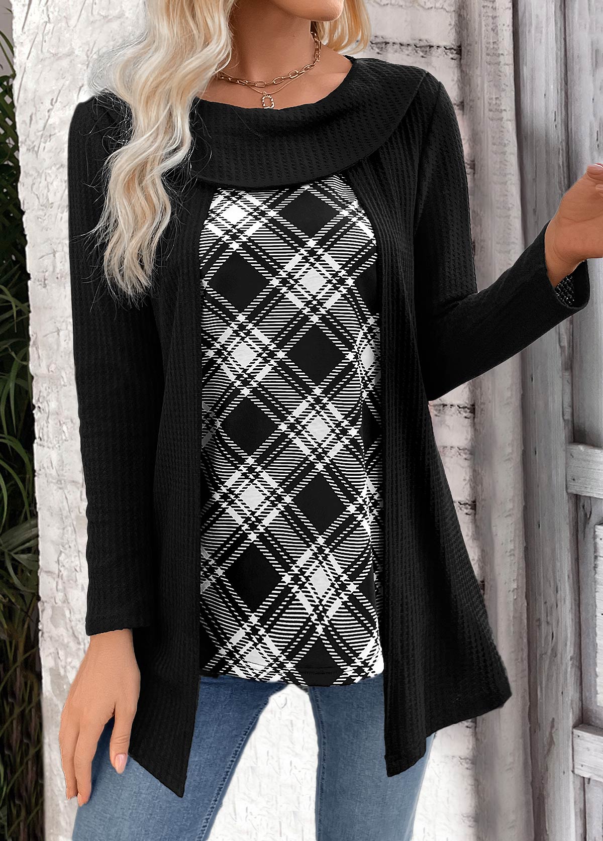 Black Plaid Long Sleeve Fake Two Piece Twinset | picture 