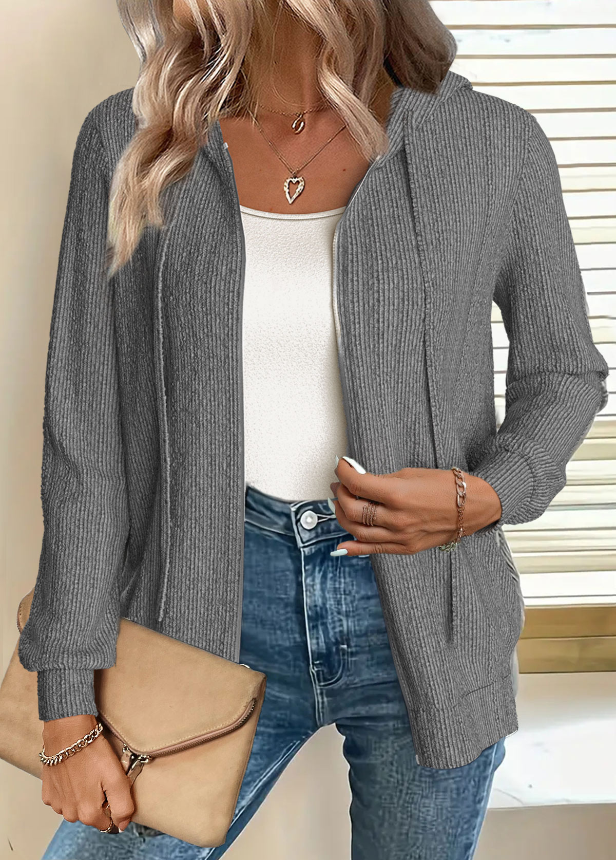 Dark Grey Marl Zipper Long Sleeve Hoodie | picture 