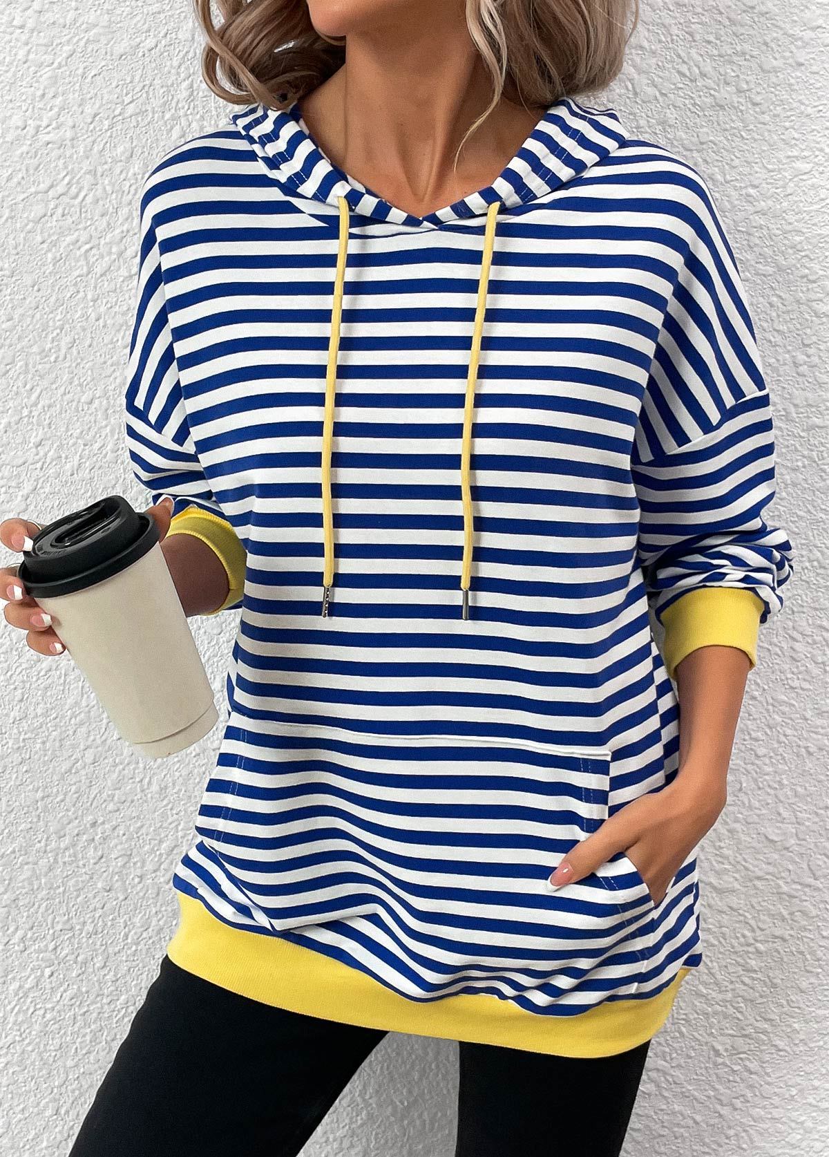 Blue Patchwork Striped Long Sleeve Hoodie | picture 