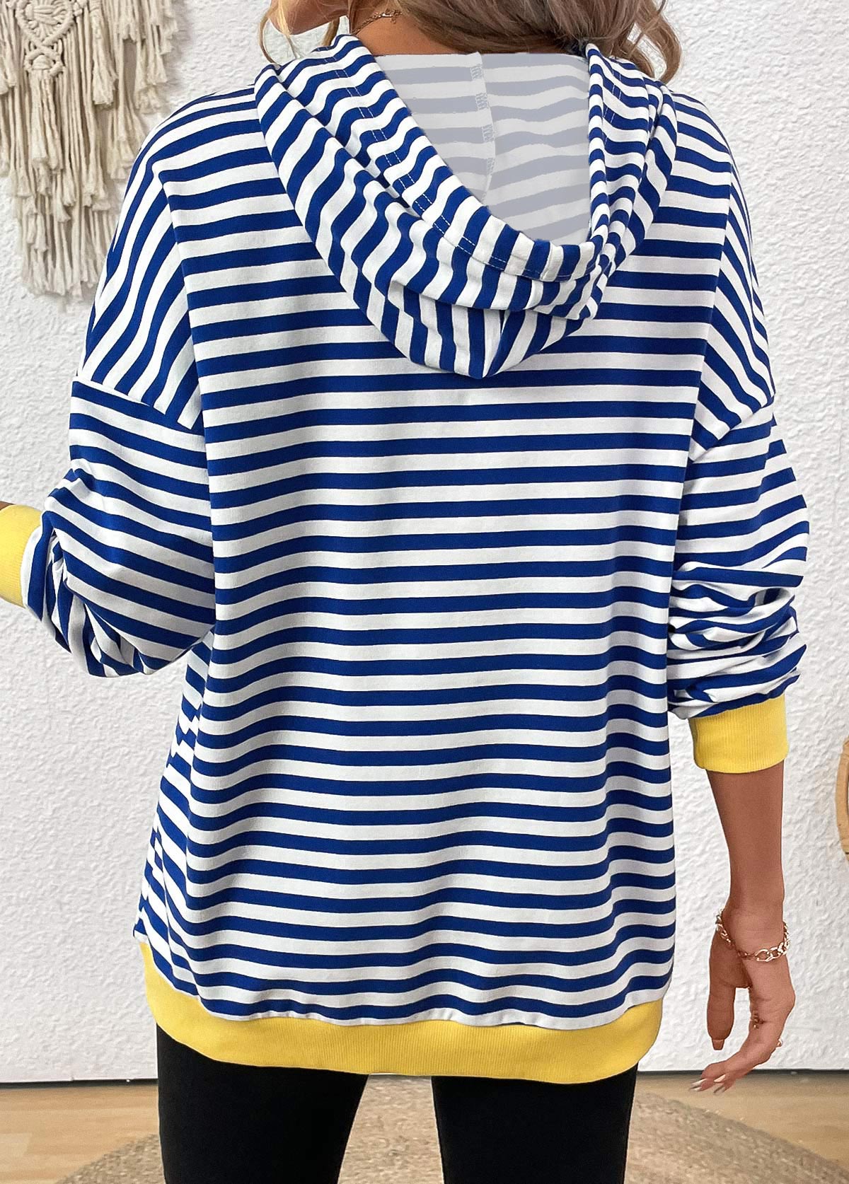 Blue Patchwork Striped Long Sleeve Hoodie | picture 
