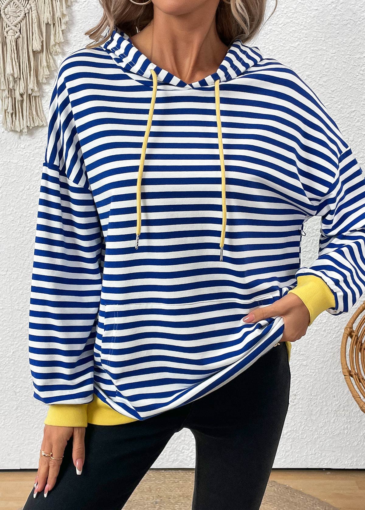 Blue Patchwork Striped Long Sleeve Hoodie | picture 