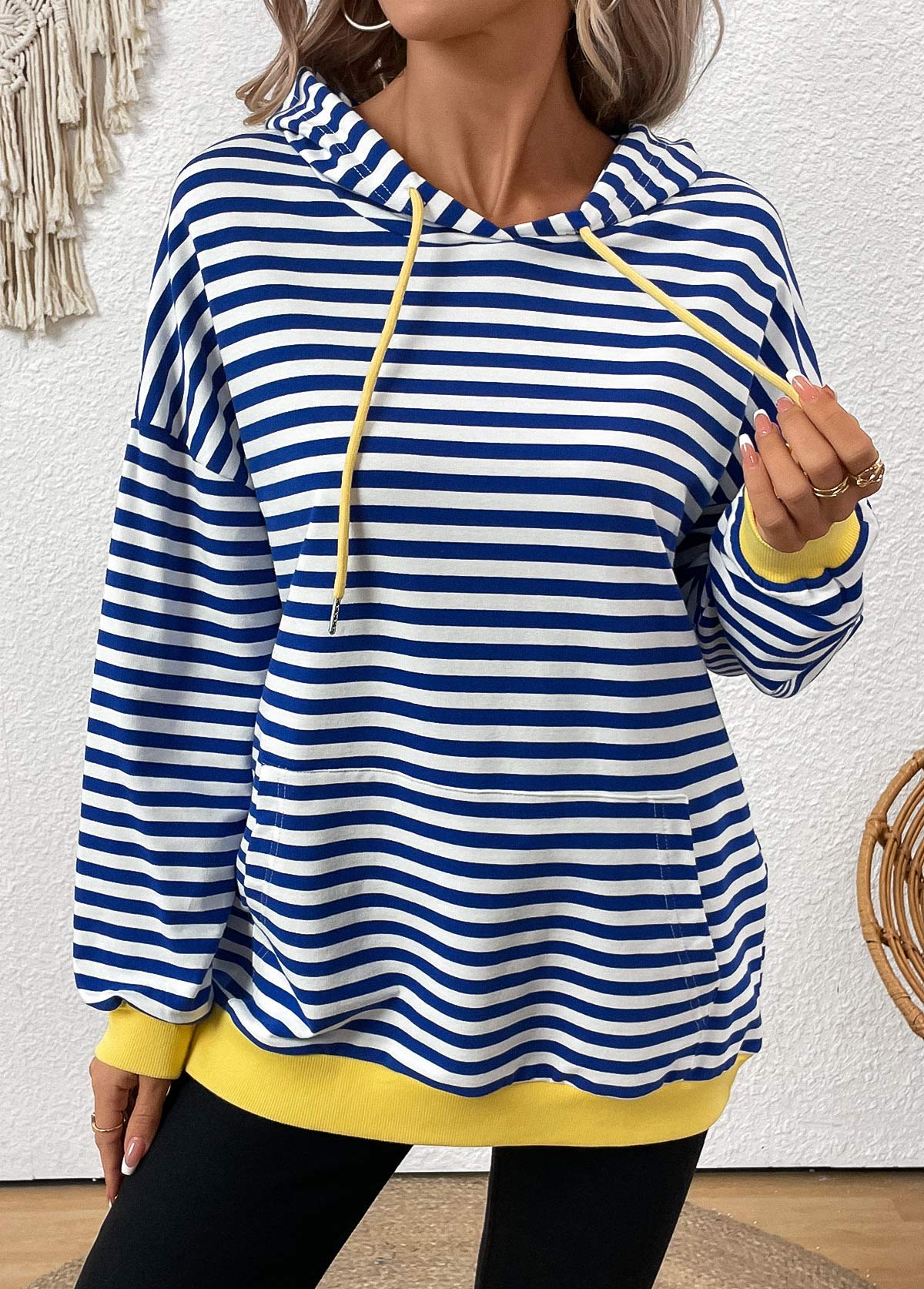 Blue Patchwork Striped Long Sleeve Hoodie | picture 
