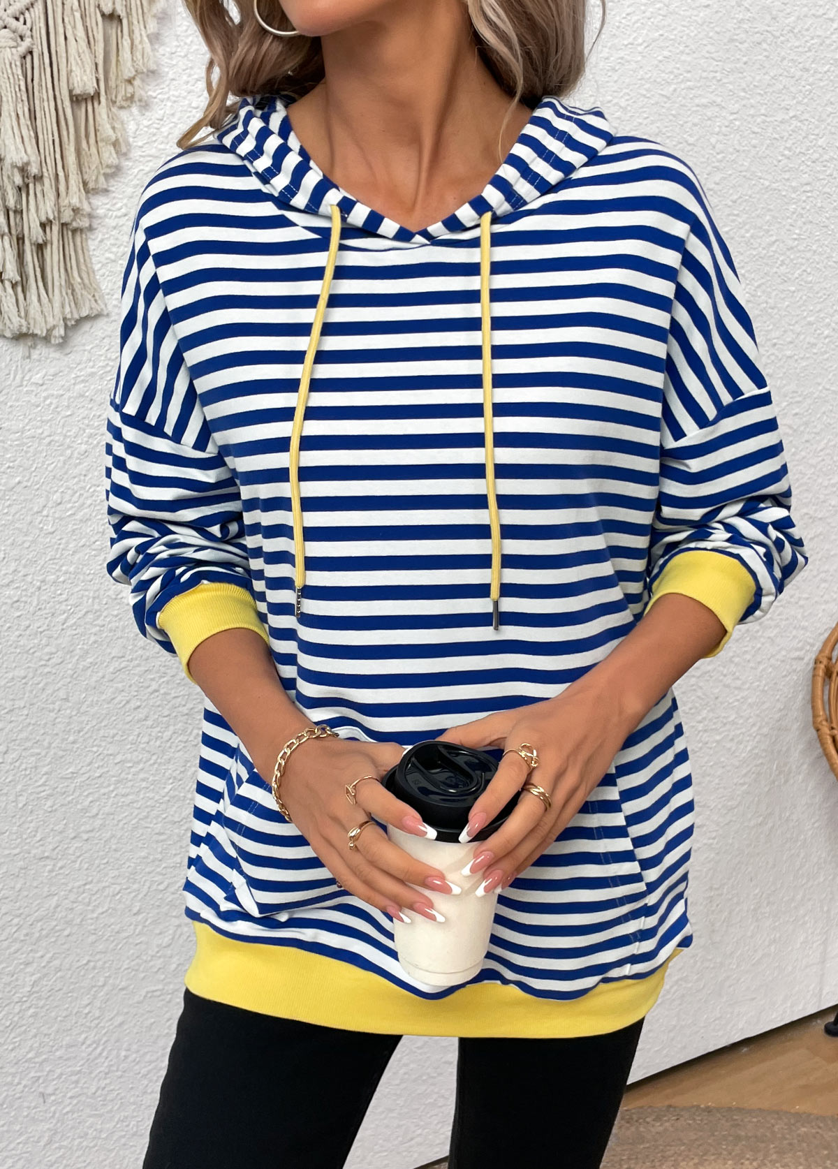 Blue Patchwork Striped Long Sleeve Hoodie | picture 