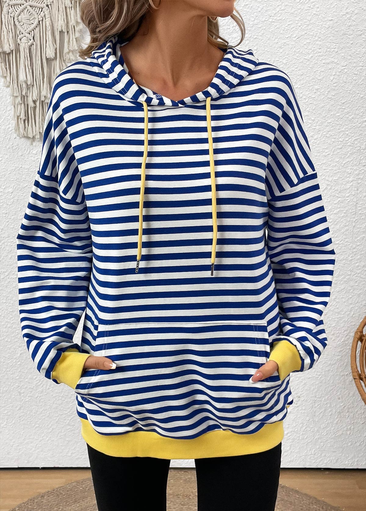 Blue Patchwork Striped Long Sleeve Hoodie | picture 