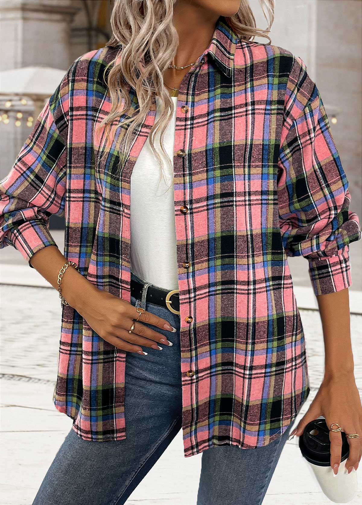 Pink Button Tummy Coverage Plaid Long Sleeve Shirt | picture 