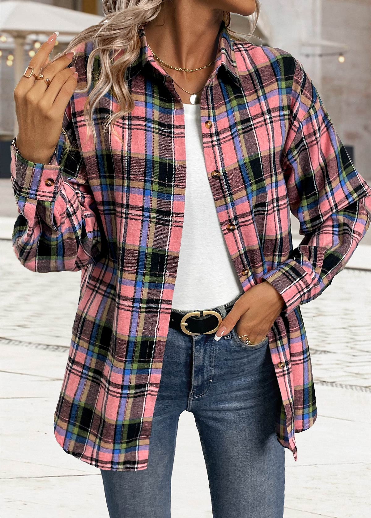 Pink Button Tummy Coverage Plaid Long Sleeve Shirt | picture 
