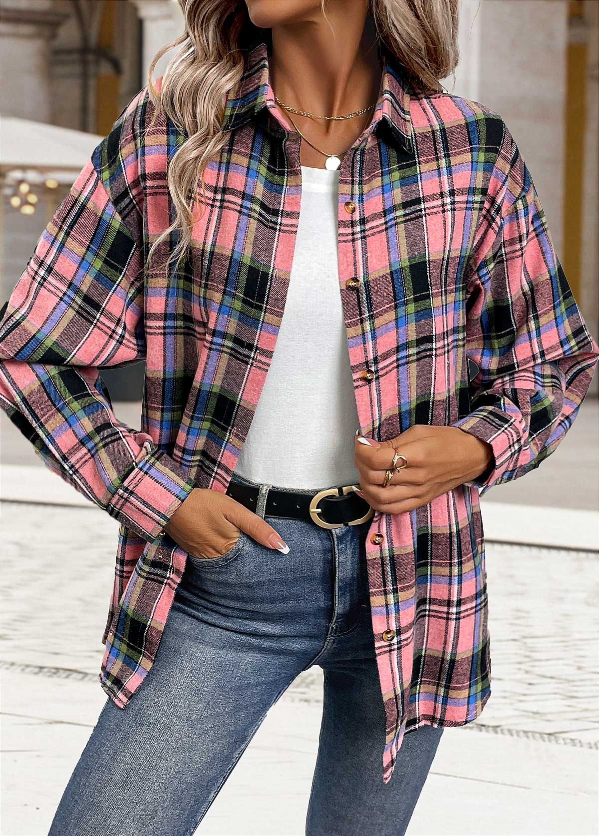 Pink Button Tummy Coverage Plaid Long Sleeve Shirt | picture 