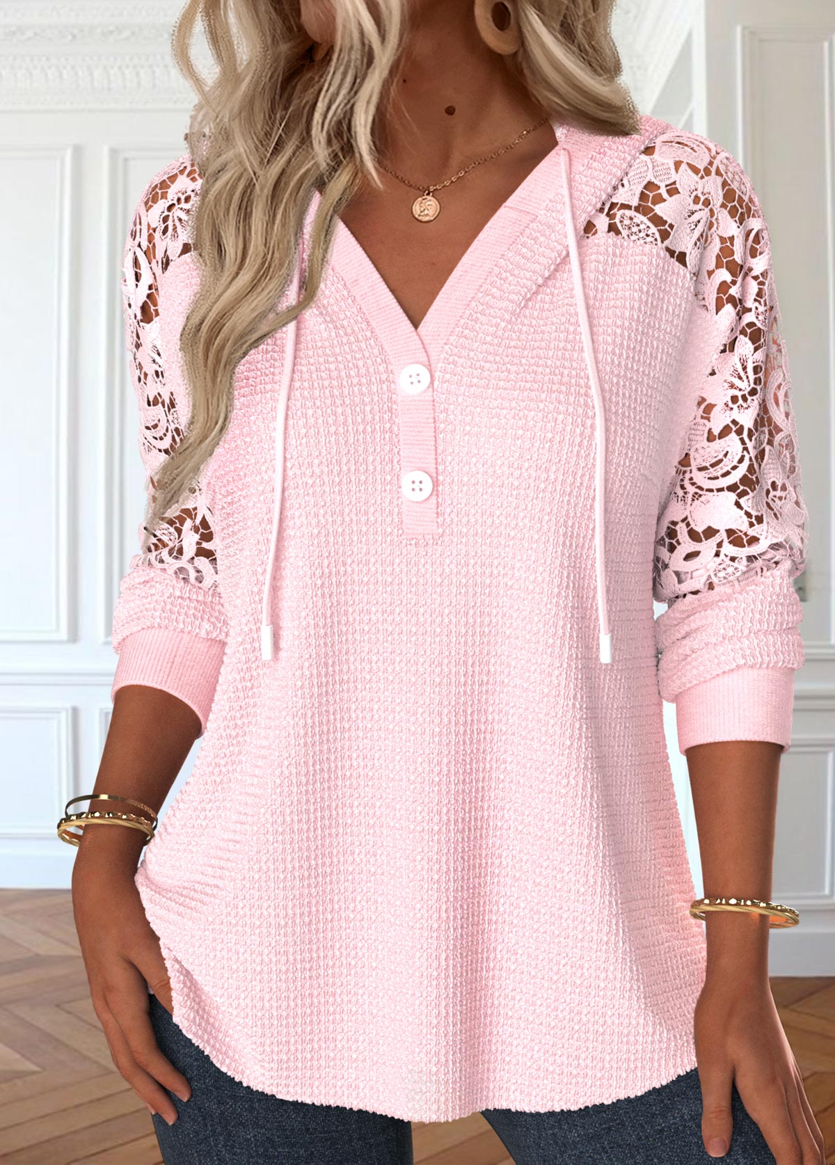 Light Pink Lace Long Sleeve Hoodie | picture 