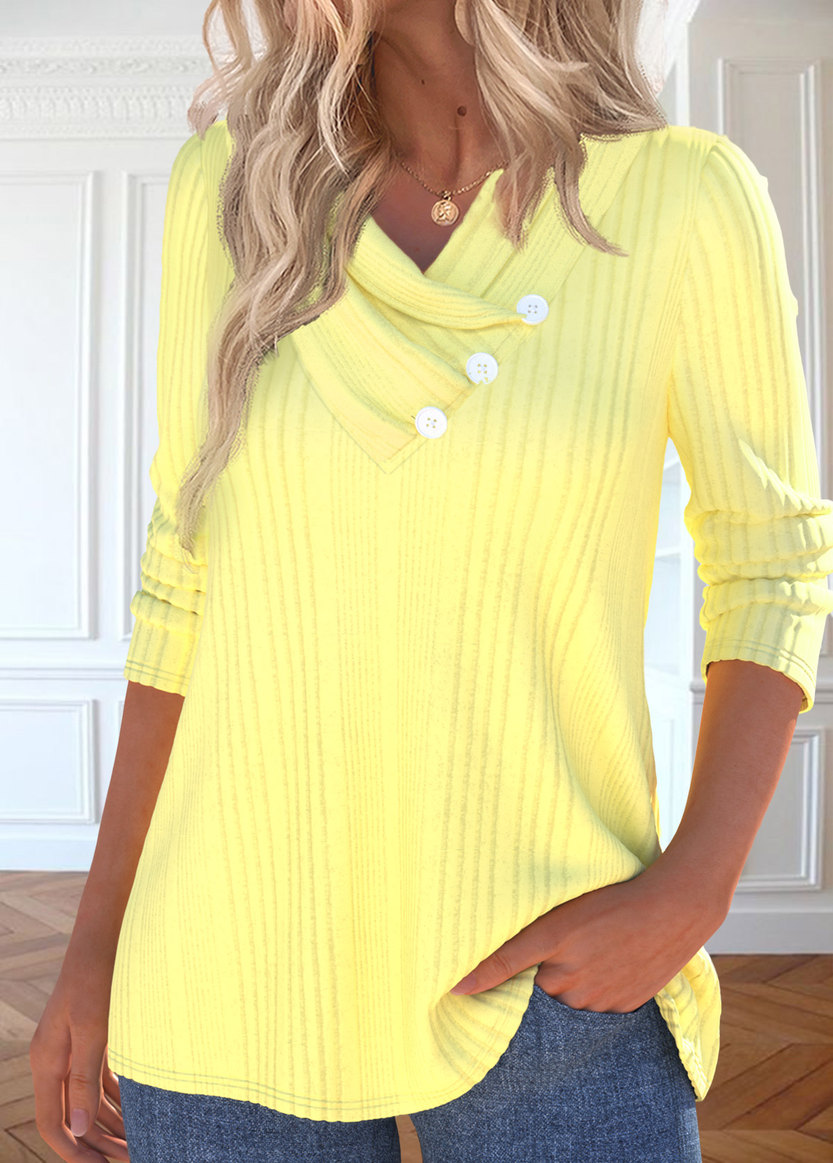 Light Yellow Button Long Sleeve V Neck T Shirt | picture 