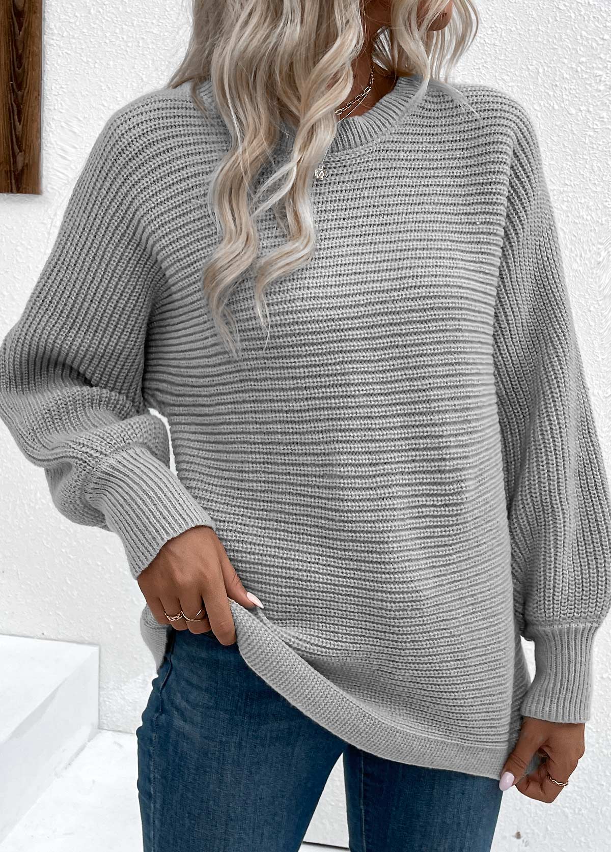 Grey Tummy Coverage Long Sleeve Round Neck Sweater | picture 