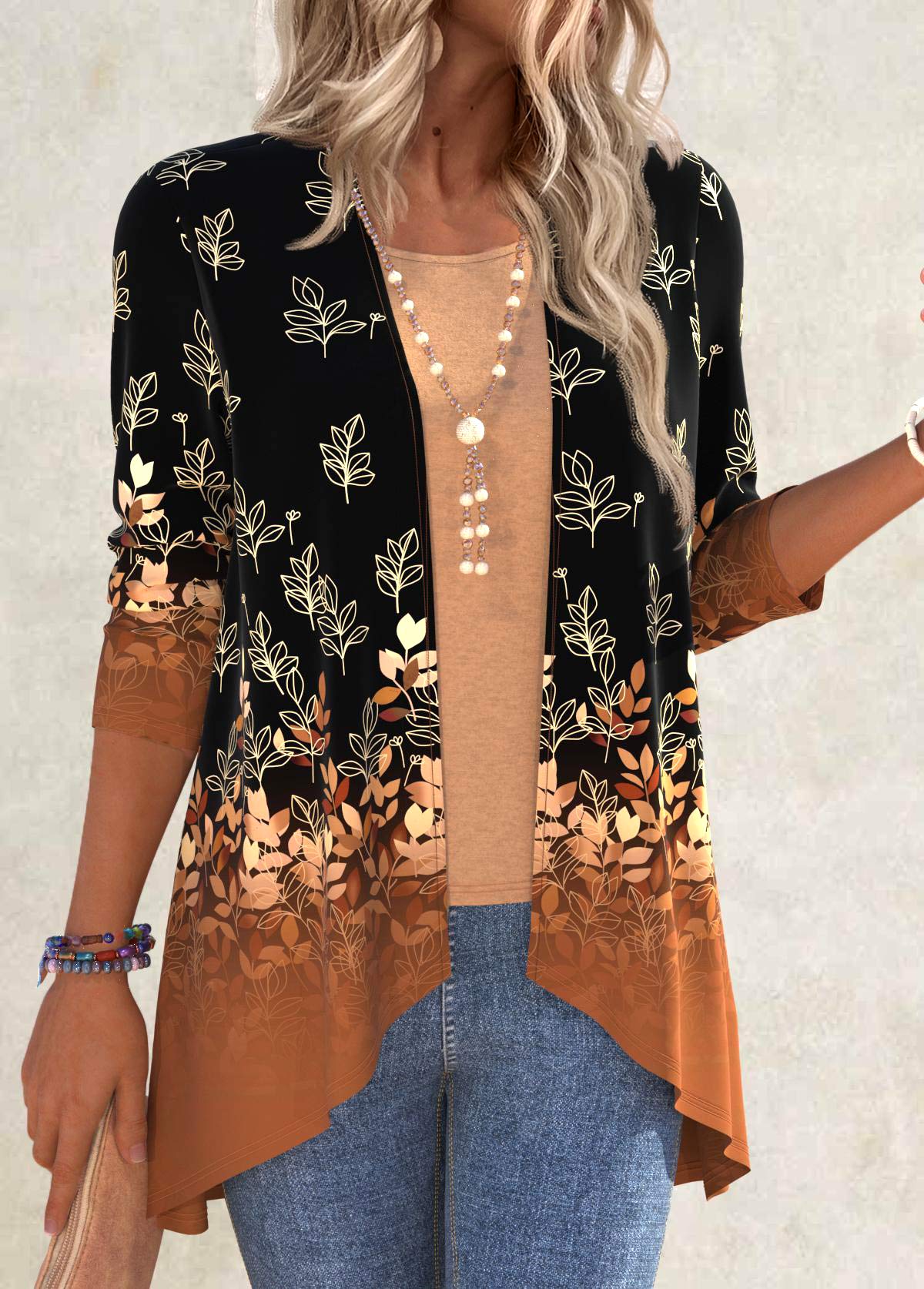 Black Ruffle Plus Size Leaf Print Light Cardigan | picture 