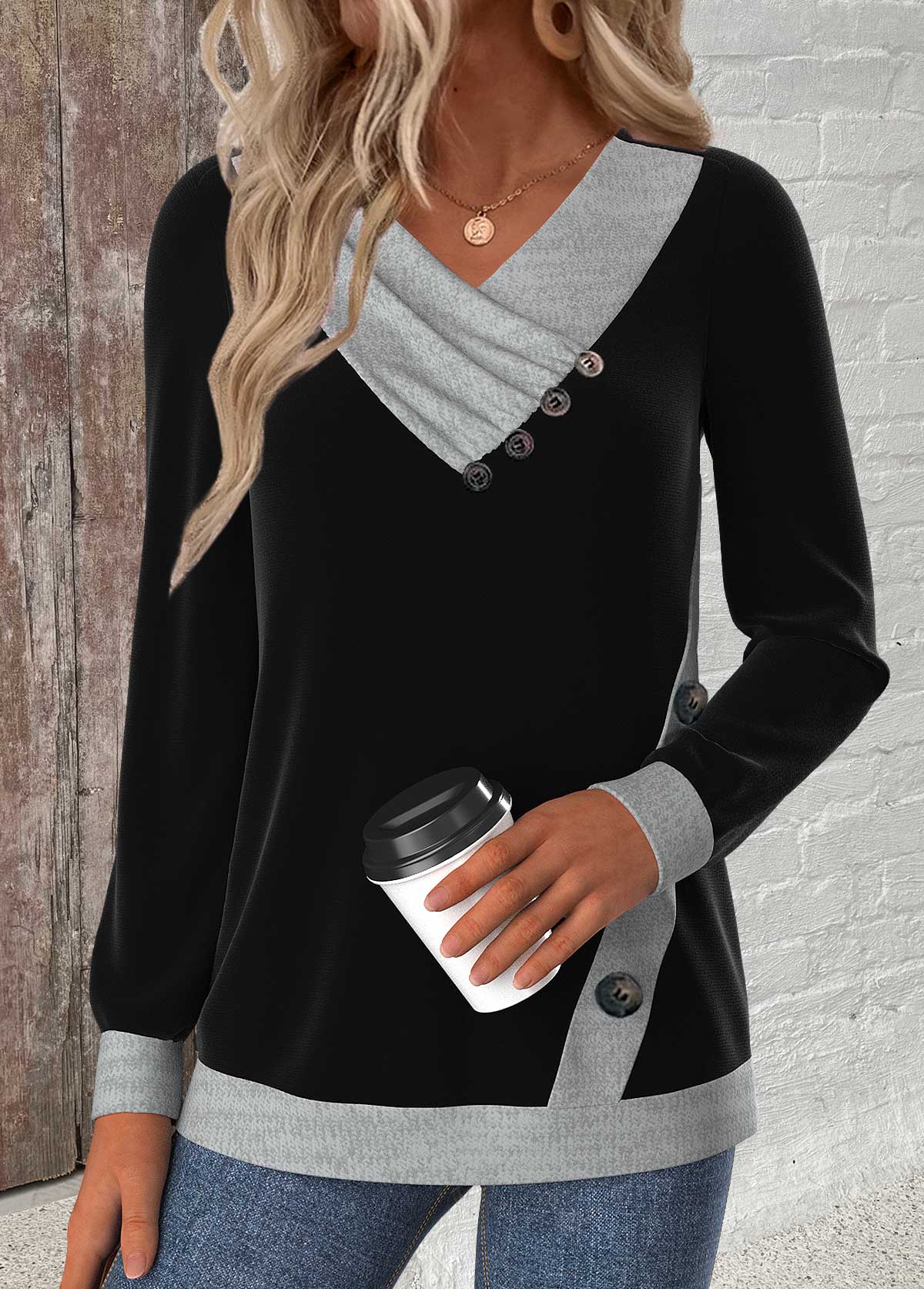 Black Button Long Sleeve V Neck Sweatshirt | picture 